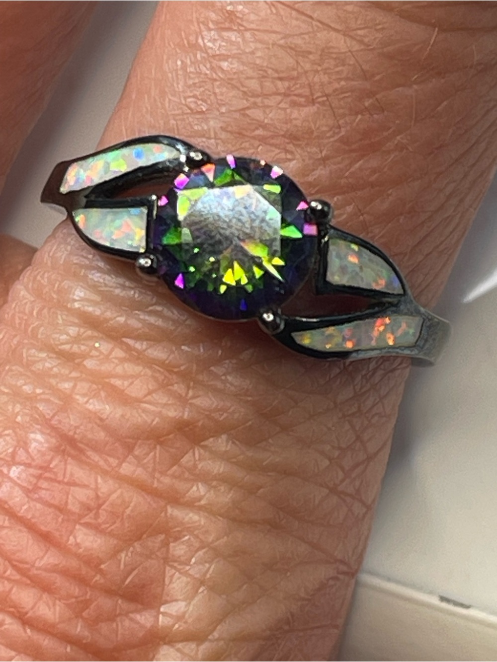 Mystic Quartz Opal Inlay Gunmetal Statement Ring Size 9.5